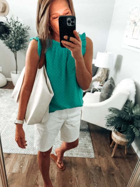 J.Crew Factory SALE going string. Frankie Bermuda Shorts under $20, more colors, fits tts, has some stretch. Too is a new arrival, Avery Tote from Walmart, braided sandals, gold disc drop earrings from Amazon 

Summer outfits, tops, blouses, shorts, sandals, casual outfit, everyday outfit, sale

#LTKsalealert #LTKstyletip #LTKunder50
