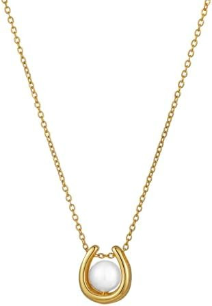 Gold Pearl Necklace for Women Dainty Pearl Pendant Necklace Trendy 14k Gold Plated Chain Necklace... | Amazon (US)