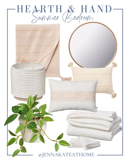 Give your bedroom a summer refresh with these Hearth & Hand items from target including artificial plants, white comforter set, peach, colored, throw pillows and throw blankets, neutral candles, and round mirror, coastal style home decor

#LTKHome #LTKFamily