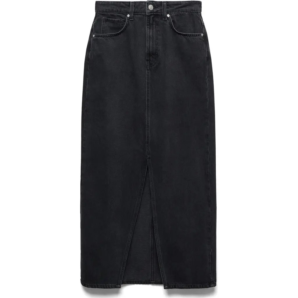 MANGO Front Slit Denim Midi Skirt in Black Denim at Nordstrom, Size X-Small | Nordstrom