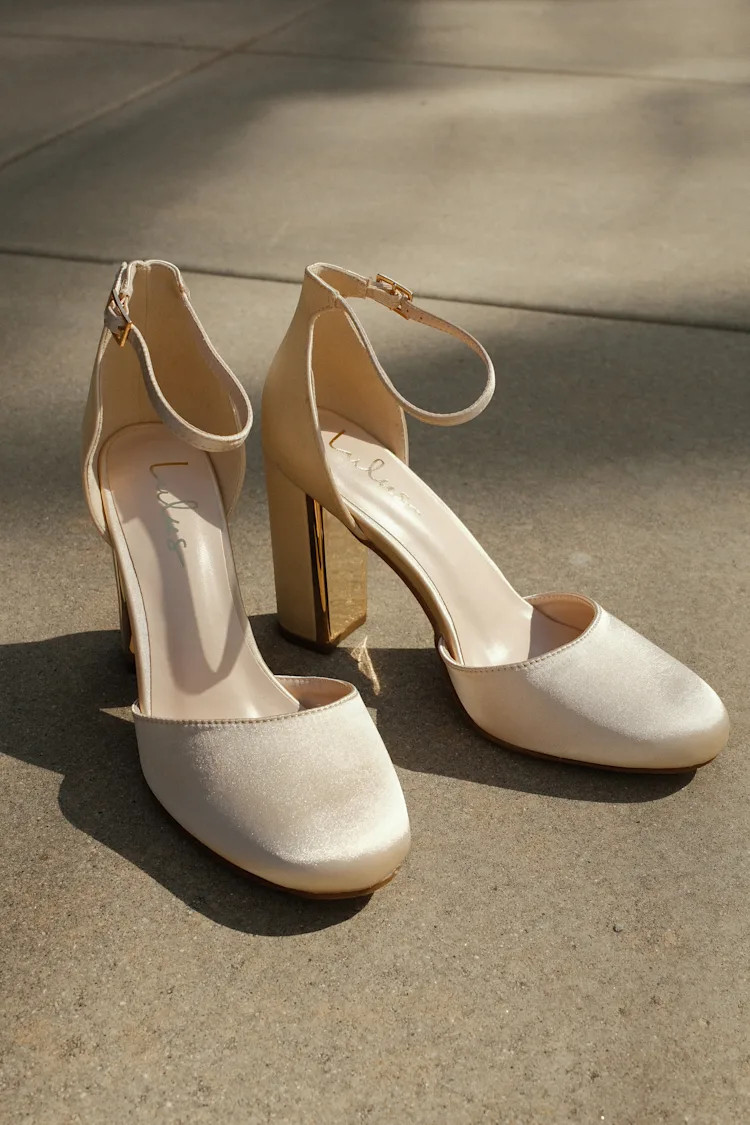 Laura Champagne Satin Ankle Strap Heels | Lulus