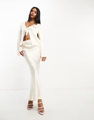 SNDYS satin tie front long sleeve top and maxi skirt set in champagne | ASOS (Global)