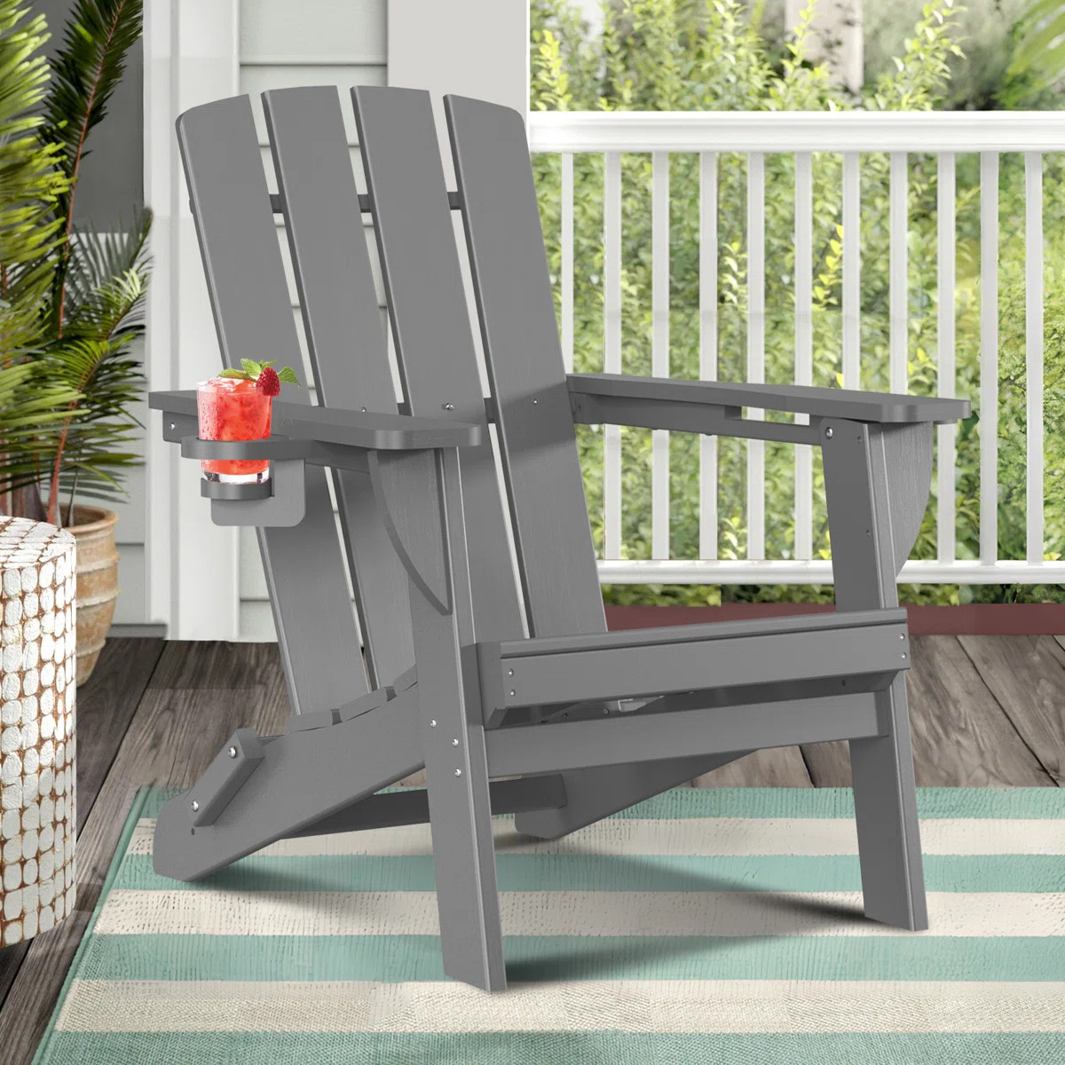 Folding Adirondack Chair Weather-Resistant HDPE Outdoor Fire Pit Chair With 2 Cup Holder | Wayfair North America