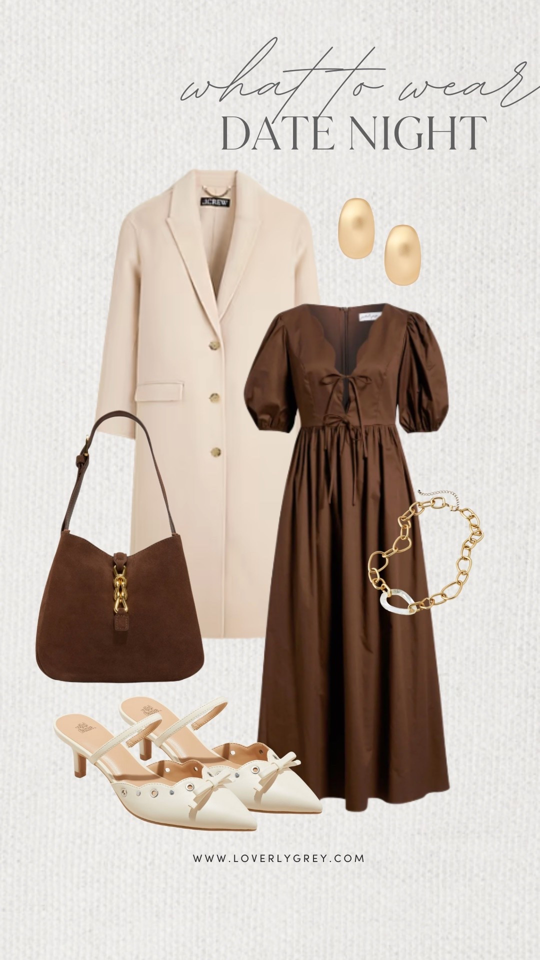 Loverly Grey, what to wear to date night. I am loving this brown puff sleeve dress paired with a long J.Crew coat. I would accessorize the look with a statement necklace, brown purse, and heels. Loverly Grey, what to wear, date night 

#LTKootd #LTKgrwm #LTKSeasonal