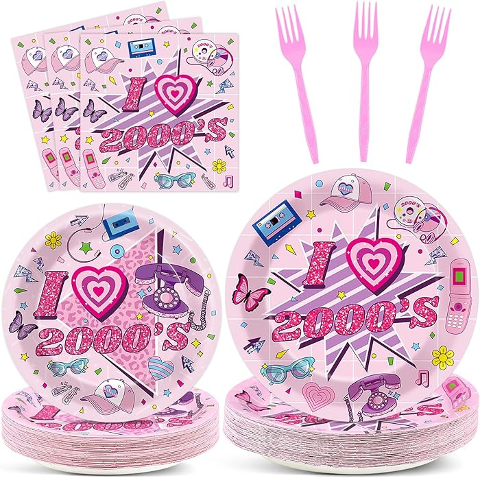 Qyeahkj 100Pcs 2000s Y2K Pink Decorations Party Supplies 90s Plates Napkins Disposable 1990s Tabl... | Amazon (US)