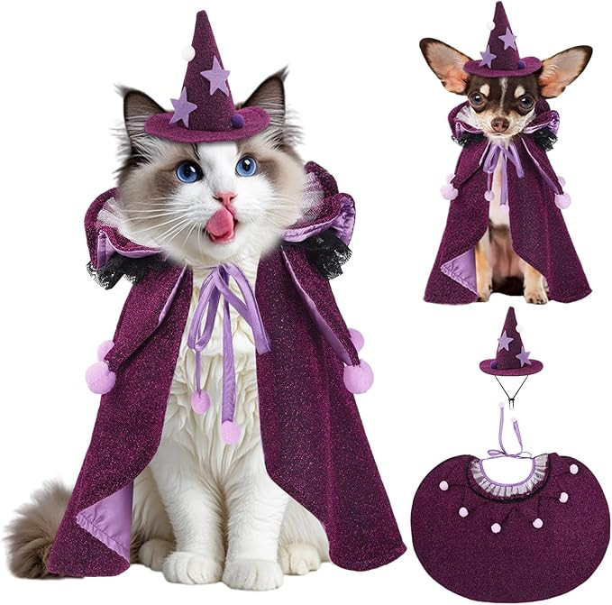 JOICEE 2 Packs Halloween Cat Costumes, Small Funny Purple Halloween Cat Wizard Cape Adjustable Pe... | Amazon (US)