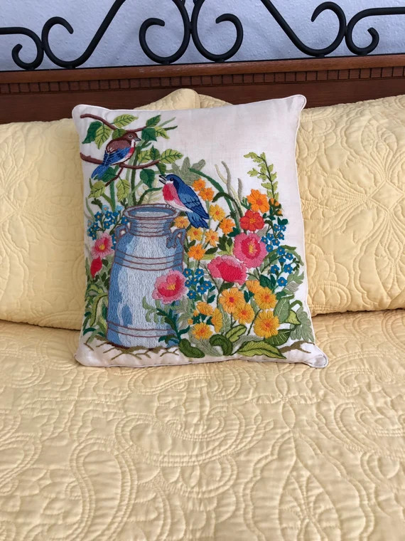 Vintage Crewel Floral Pillow with Bluebirds | Etsy (US)
