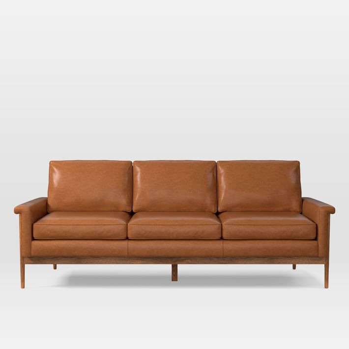 Leon Wood Frame 82" Sofa, Sierra Leather, Snow, Pecan | West Elm (US)