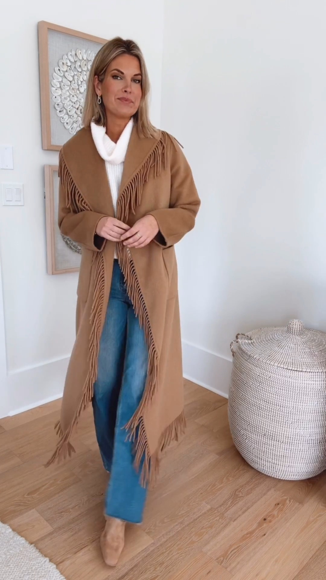 Small fringe jacket. Small top. 27x34 jeans. I am 5’11”.  Mules true to size.