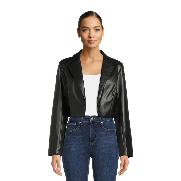 Planet Gold Juniors' Faux Leather Cropped Blazer, Sizes XS-XXXL - Walmart.com | Walmart (US)