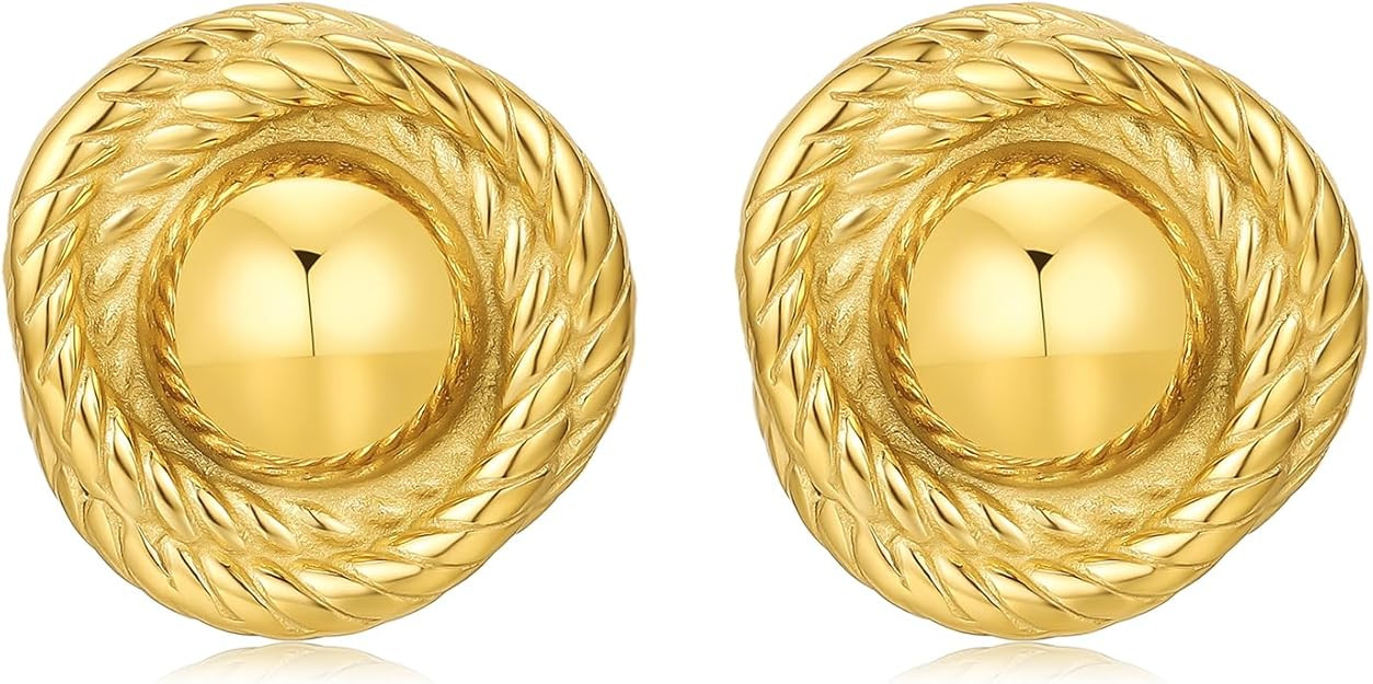 Amazon.com: Dckazz Gold Statement Earrings 14K Gold Plated Chunky Earrings Disc Round Rope Stud O... | Amazon (US)