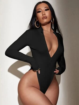 SHEIN SXY Solid High Cut Zipper Bodysuit | SHEIN