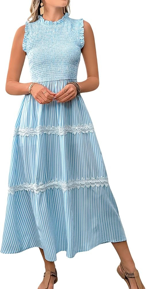 ShawGobow Casual Striped Midi Dress,Sleeveless Smocked Flowy Tiered Dress,Womens Sundress Easter ... | Amazon (US)