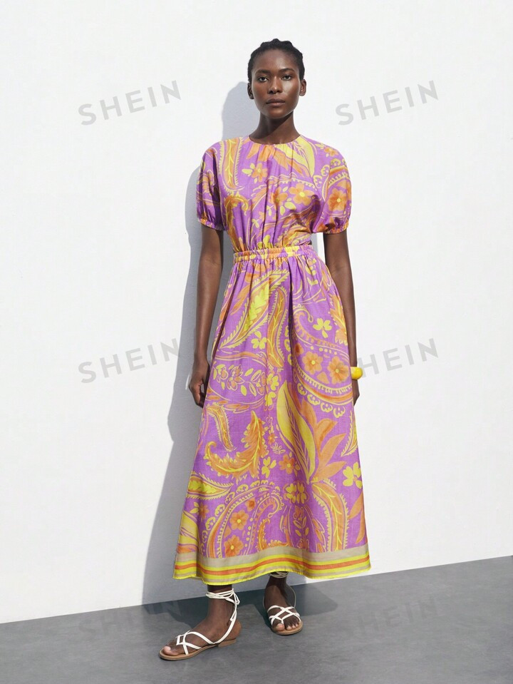 SHEIN Maija Women's Round Neck Short Sleeve Allover Print Patchwork Dress For Casual & Holiday | ... | SHEIN