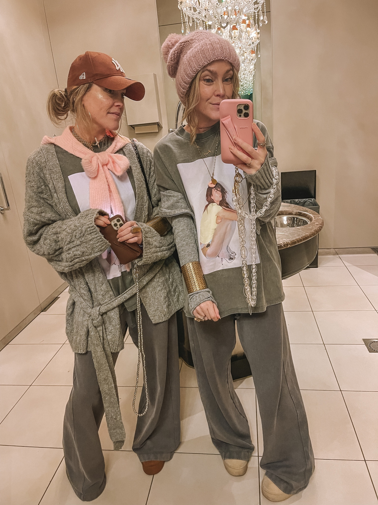 Grey joggers, pink knitted hat, cap, printed tees and oversized cardigans. 

#LTKStyleTip #LTKSeasonal #LTKWorkwear