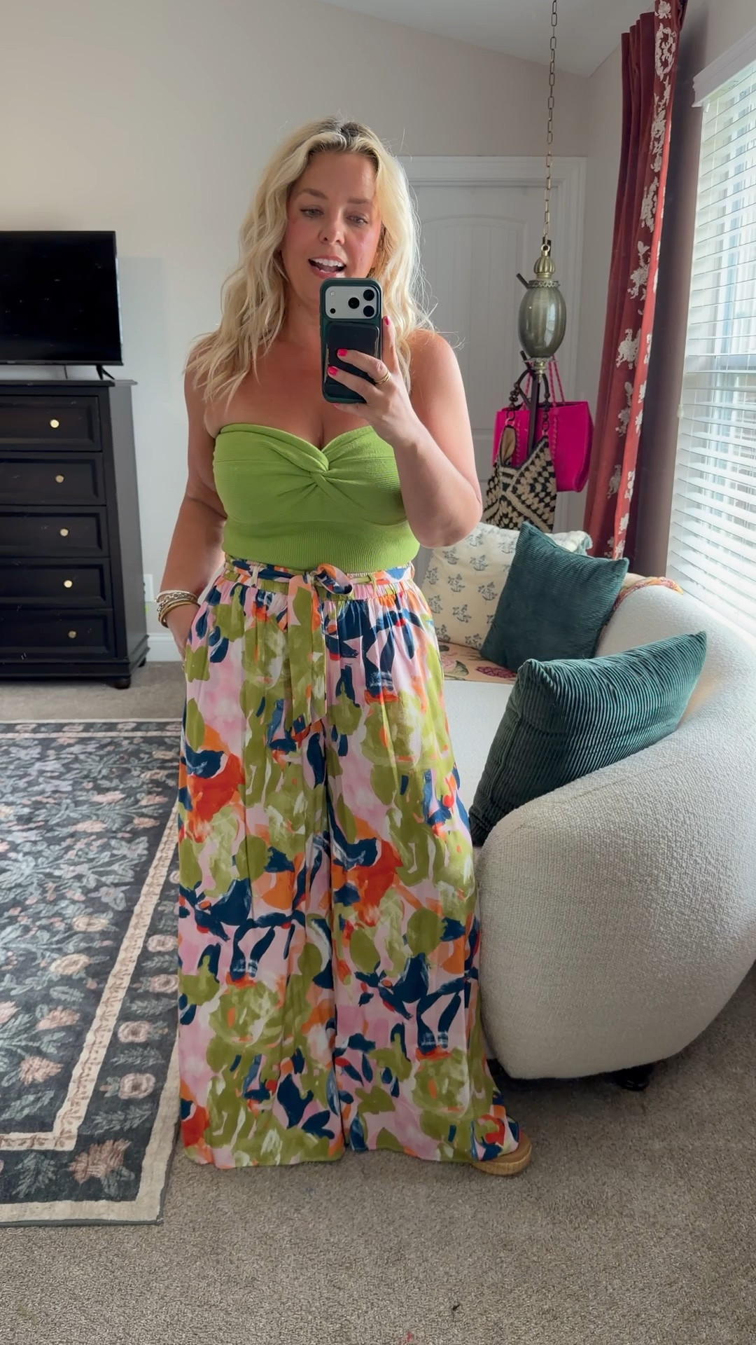 I have these light weight, breezy pants in soooo many patterns bc they are perfect to still keep you cool in the summer! I got my true size large & I’m 5’2” so they are a tad long on me but I’m wearing wedges here. I also own this top in 4 colors/patterns bc I love it so much! Linked the BEST strapless bra too!!