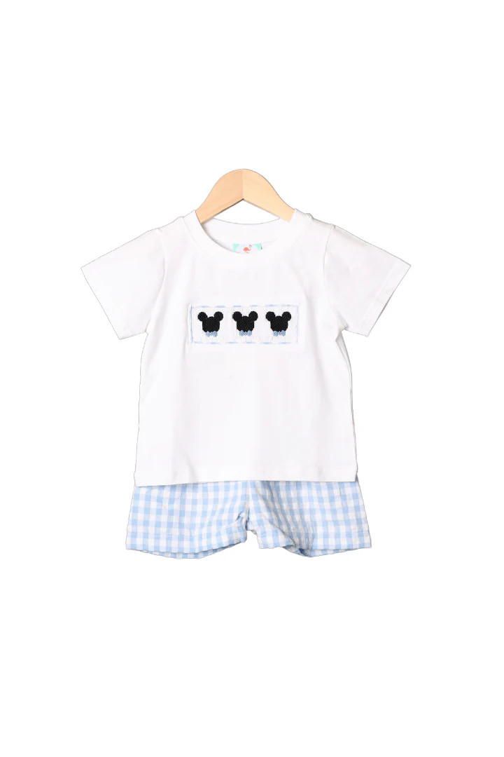 Smocked Mouse Bow Tie Blue Seersucker Short Set | The Smocked Flamingo