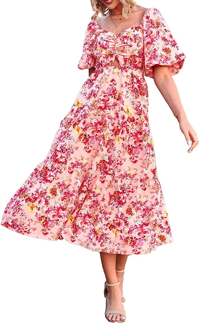 BTFBM Women Summer Dresses 2023 Casual Flowy Beach Square Neck Puff Short Sleeve Smocked Back Boh... | Amazon (US)
