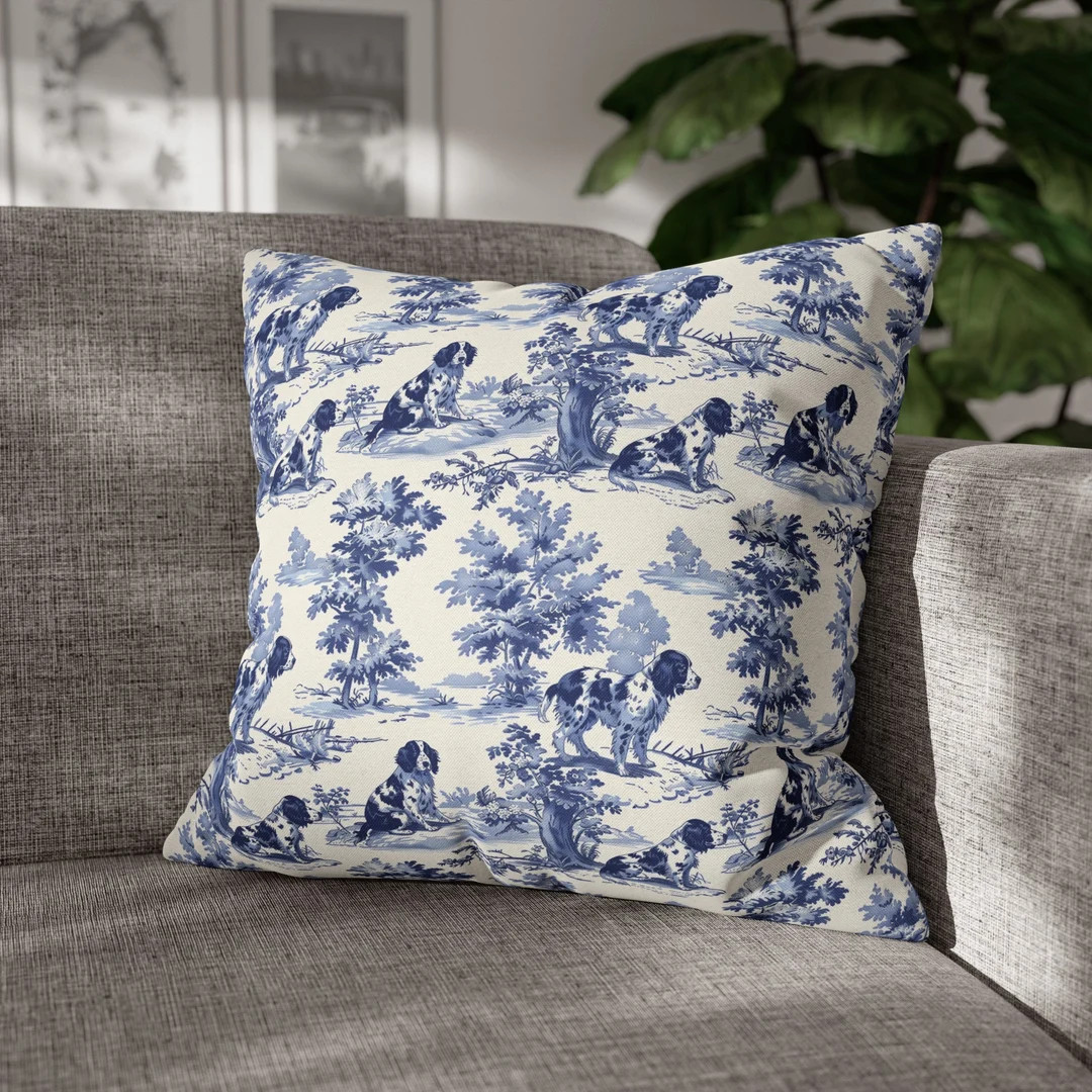 French Toile Royal Blue Springer Spaniel Dog Style Print Cottagecore / Countrycore / Farmcore Spu... | Etsy (US)