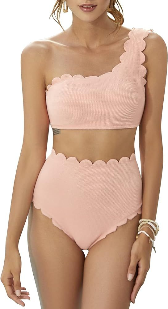 2 Piece One Shoulder Swimsuits for Women, High Waisted Bottom Scalloped Bikini Set, Petals Solid Wav | Amazon (US)