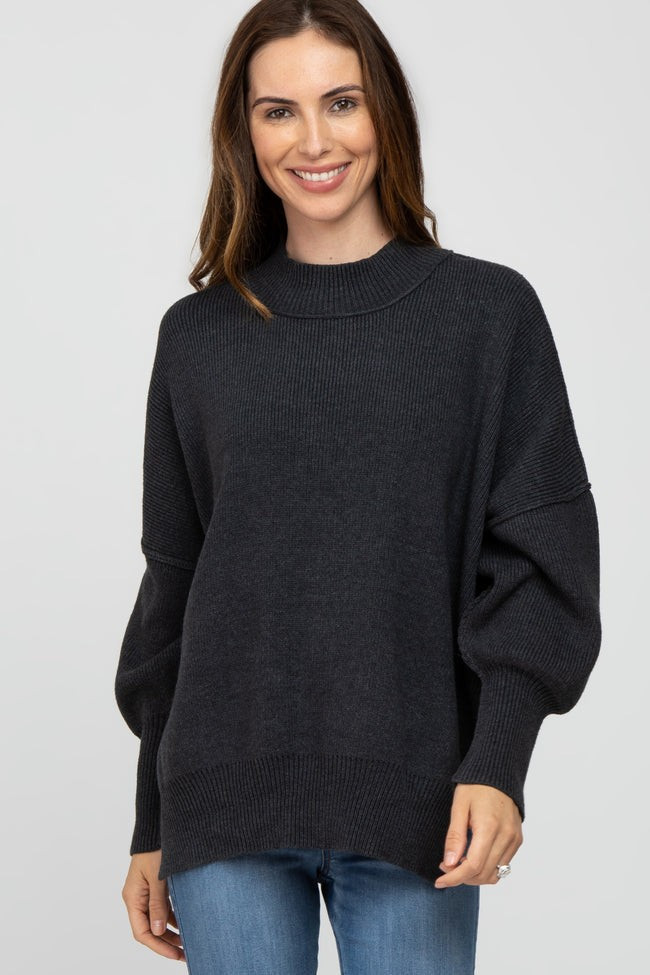 Charcoal Mock Neck Exposed Seam Sweater | PinkBlush Maternity