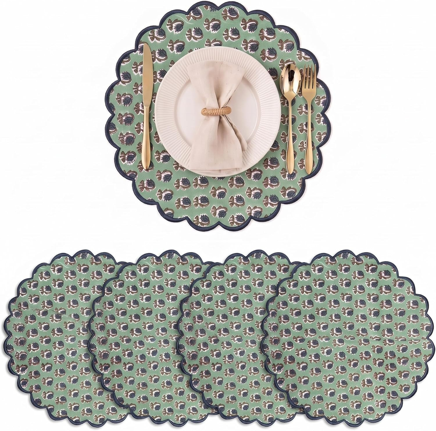 Floral Block Print Round Placemats 15 Inch, Set of 4, Basil Green | Amazon (US)