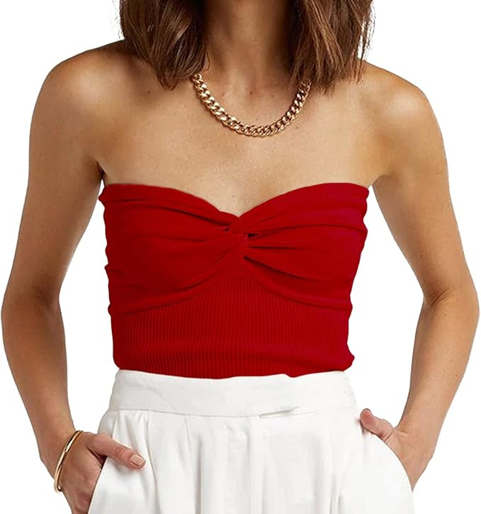 Womens Strapless Crop Top Sexy Sweetheart Neck Ribbed Knit Twisted Knot Front Sleeveless Y2K Cami... | Amazon (US)
