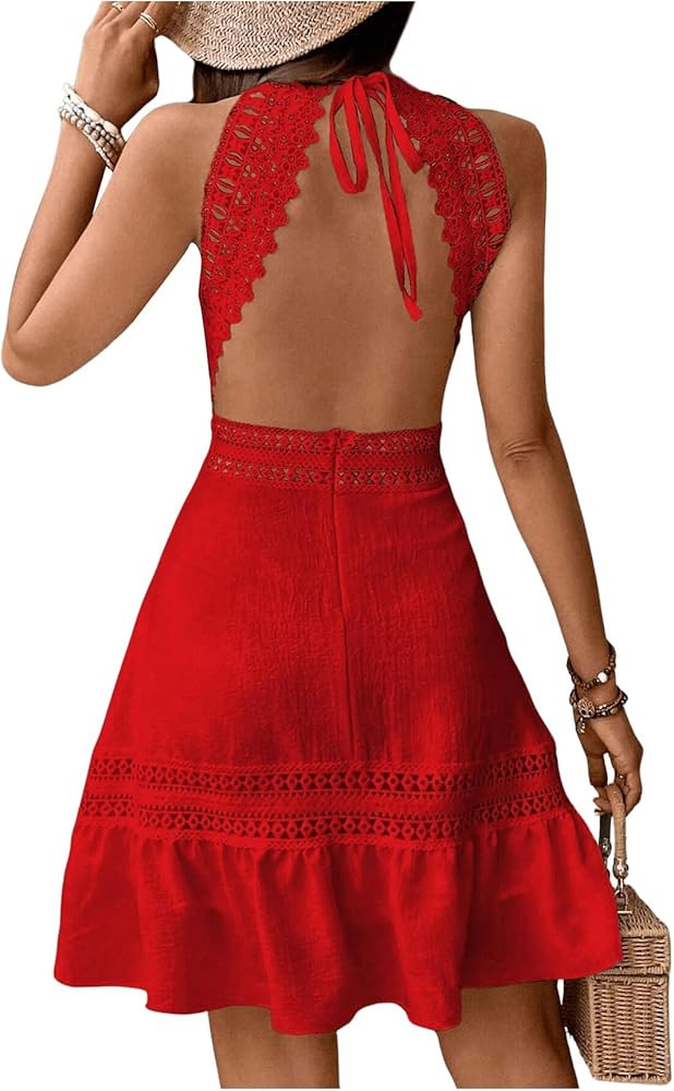 Floerns Women's Contrast Lace Sleeveless Halter Dress Backless Vacation A Line Dress | Amazon (US)