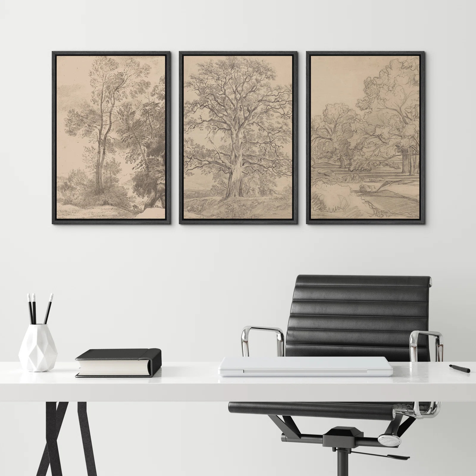 Vintage Forest Tree Sketch Country Farmhouse Nature Landscape Framed Canvas 3 Pieces Print Wall A... | Wayfair North America