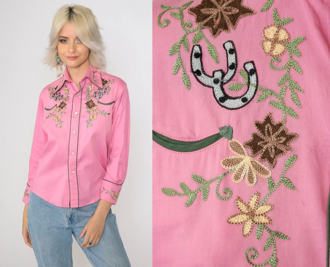 Rockmount Ranch Wear Shirt Pink Embroidered Floral Lucky Horseshoe Rodeo Blouse Western Top Long ... | Etsy (US)