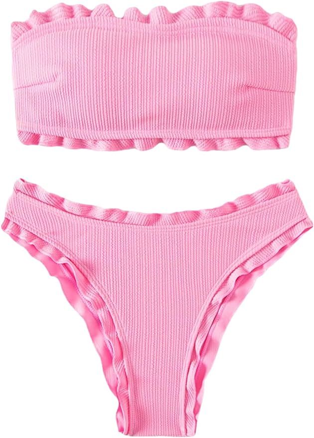 GORGLITTER Women's Strapless Bikini Set High Cut Thong Lettuce Trim Bandeau Swimsuit | Amazon (US)