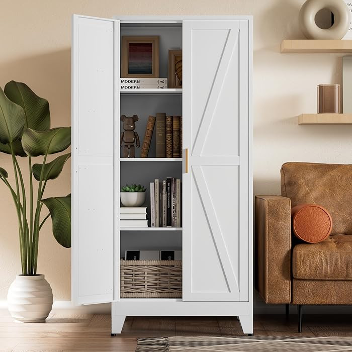 COFaR White Farmhouse Storage Kitchen Pantry Cabinet with 2 Barn Door, 3 Adjustable Shelves and L... | Amazon (US)