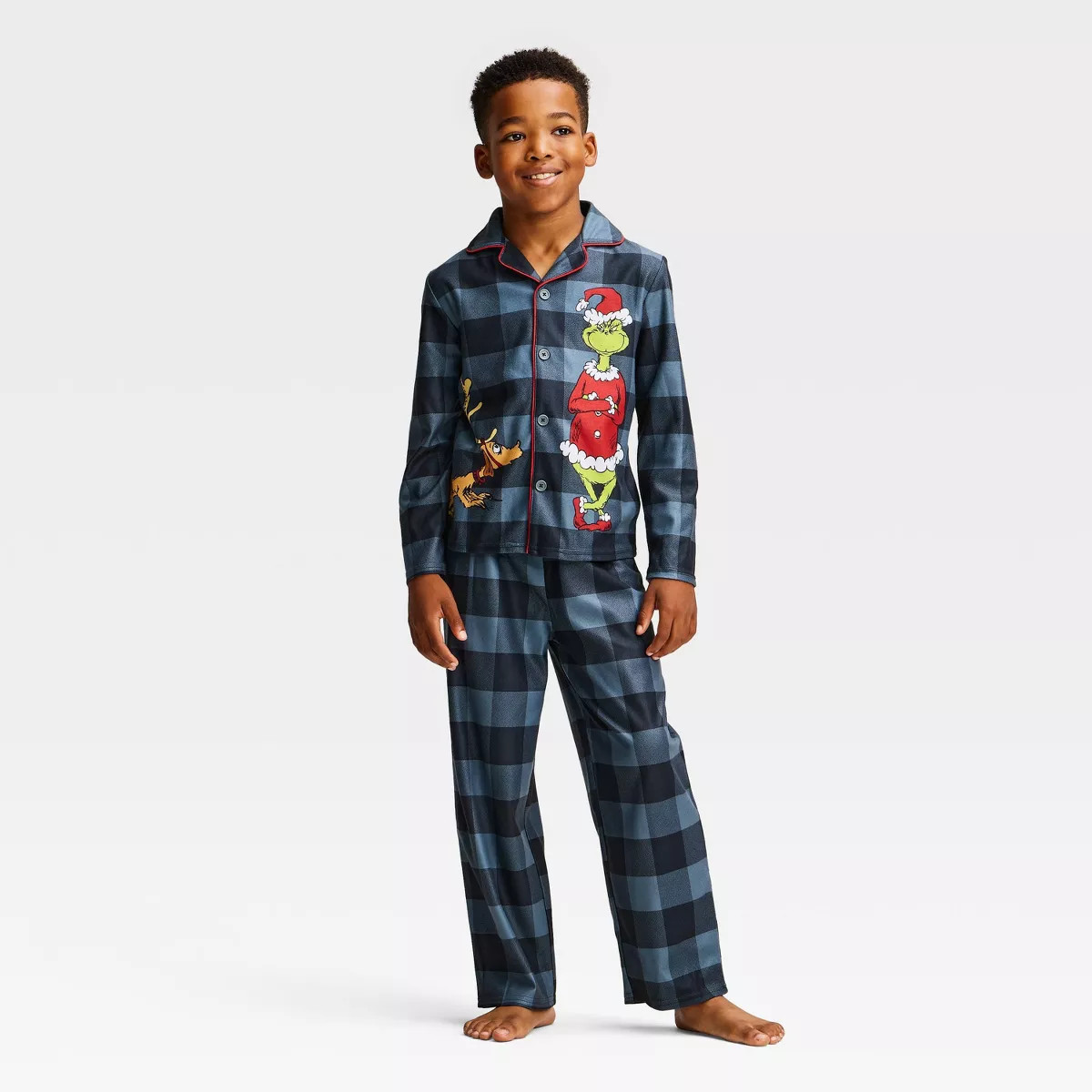 Boys' The Grinch Holiday Button-Down 2pc Pajama Set - Dark Gray XS | Target