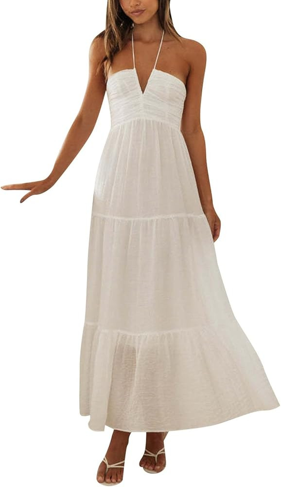 Women Sexy Sleeveless Halter Neck Maxi Dress Backless Ruffle Hem Tiered Flowy Long Dress Summer L... | Amazon (US)