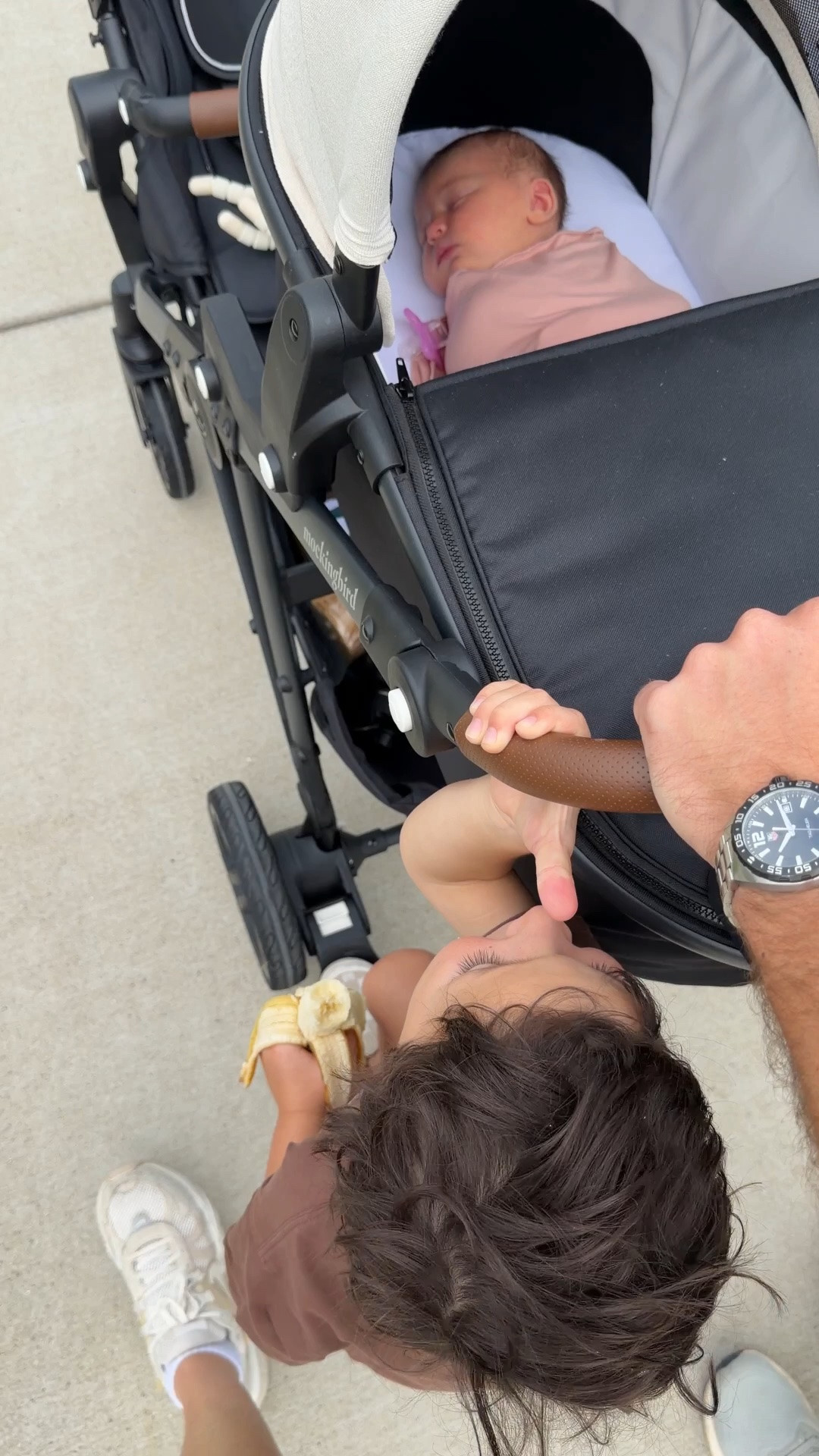 First fan of 4 walk 🥹 linking our single to double stroller!
