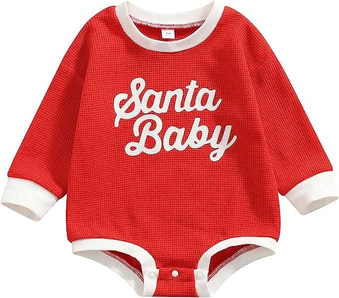 Newborn Baby Boy Girl Christmas Outfits Romper Santa Baby Letter Printed Red Knitted Long Sleeve ... | Amazon (US)