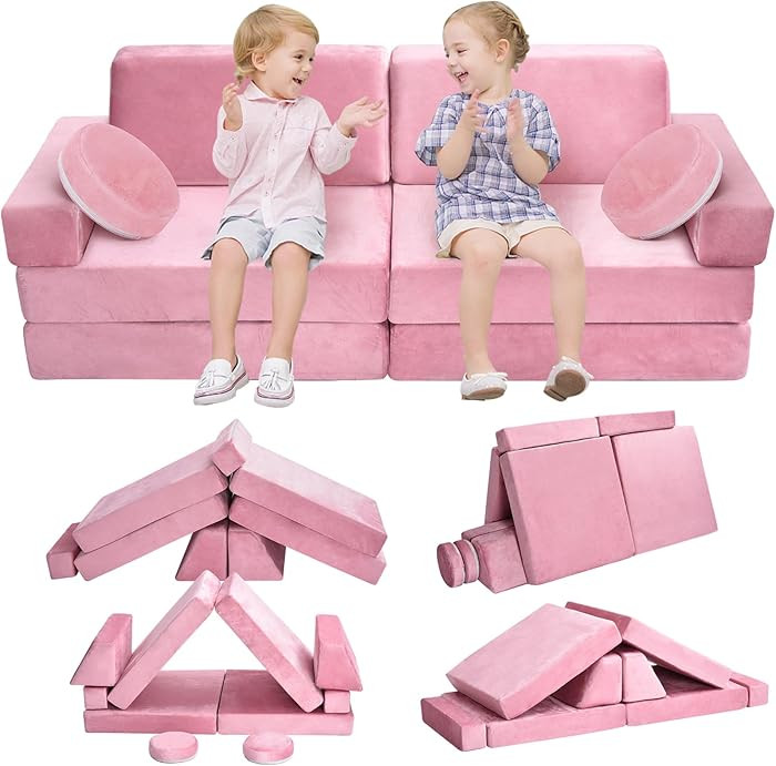 10Pcs Kids Play Couch,Toddler Sofa,Modular Kids Couch for Playing, Creativing, Sleeping (Pink) | Amazon (US)