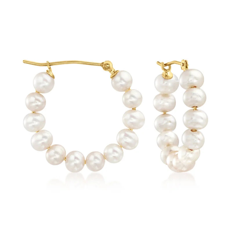 4-5mm Cultured Pearl Hoop Earrings in 14kt Yellow Gold. 7/8" | Ross-Simons