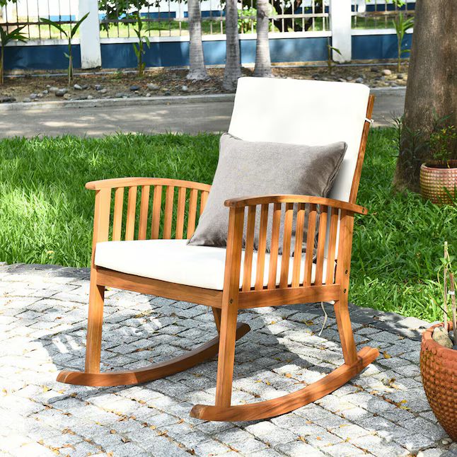 Forclover CH Patio Rocking Chairs Teak Wood Frame Rocking Chair with Off-white Cushioned Seat | Lowe's