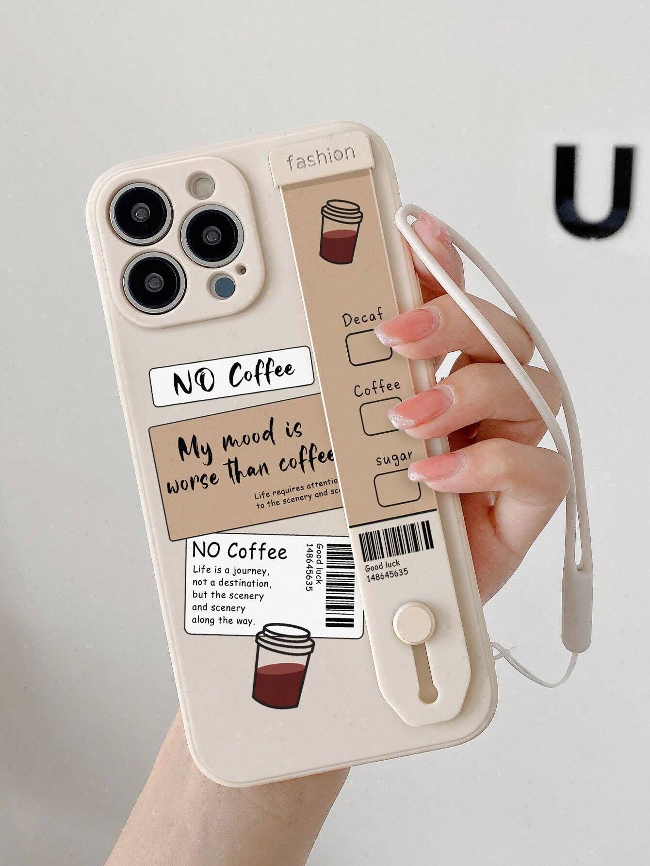 One Coffee Tag Tpu Wristband Cartoon Phone Case With Kickstand, Comes With Hand Strap, Compatible... | SHEIN