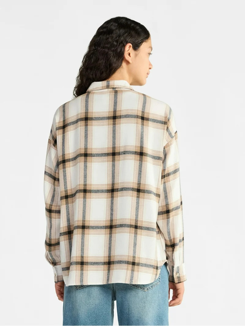 No Boundaries Slouchy Flannel Shirt with Side Pockets, Women's - Walmart.com | Walmart (US)