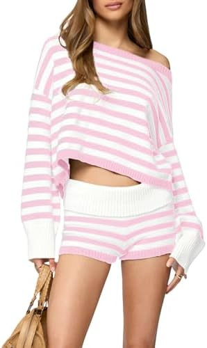Tanming Women's Striped Sweater Sets Long Sleeve Off Shoulder Knit Pullover Top Casual Fold Over ... | Amazon (US)