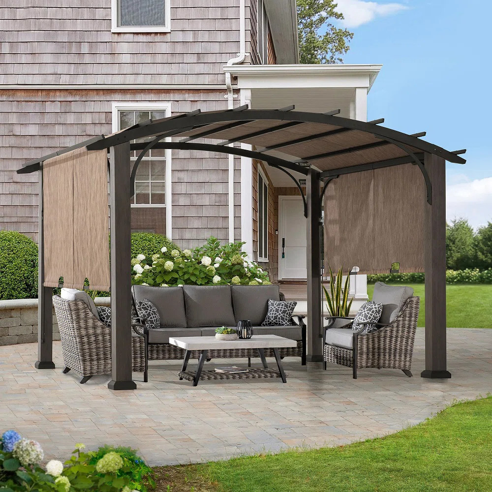 Sunjoy 10’ x 12’ Pergola, Outdoor Steel Arched Pergola with Adjustable Canopy and Natural Woo... | Wayfair North America