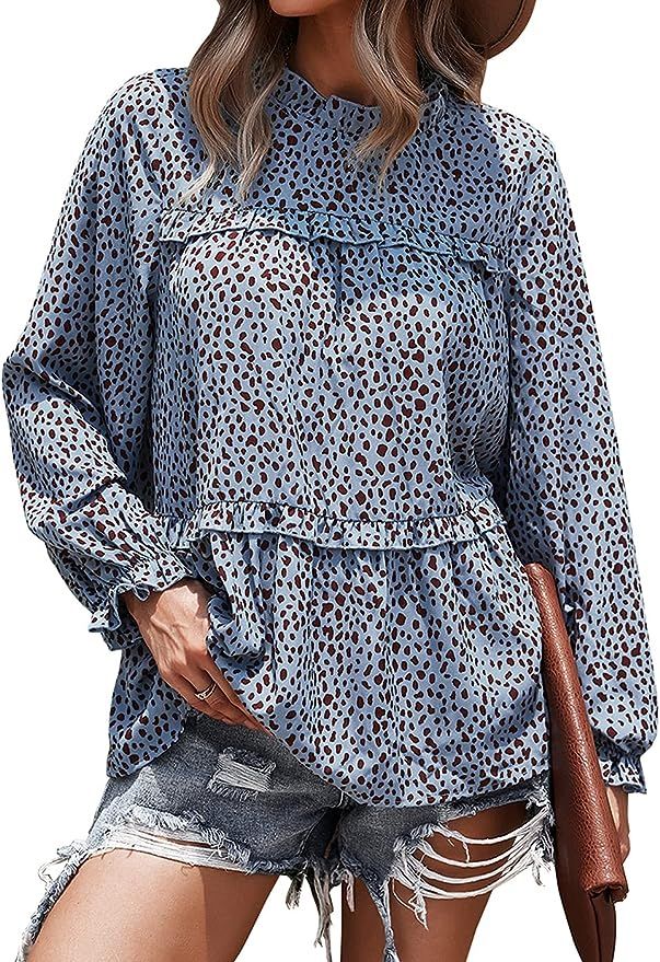 PRETTYGARDEN Women’s Chiffon Leopard Print Lantern Long Sleeve Blouses Ruffle Neck Loose Pullov... | Amazon (US)