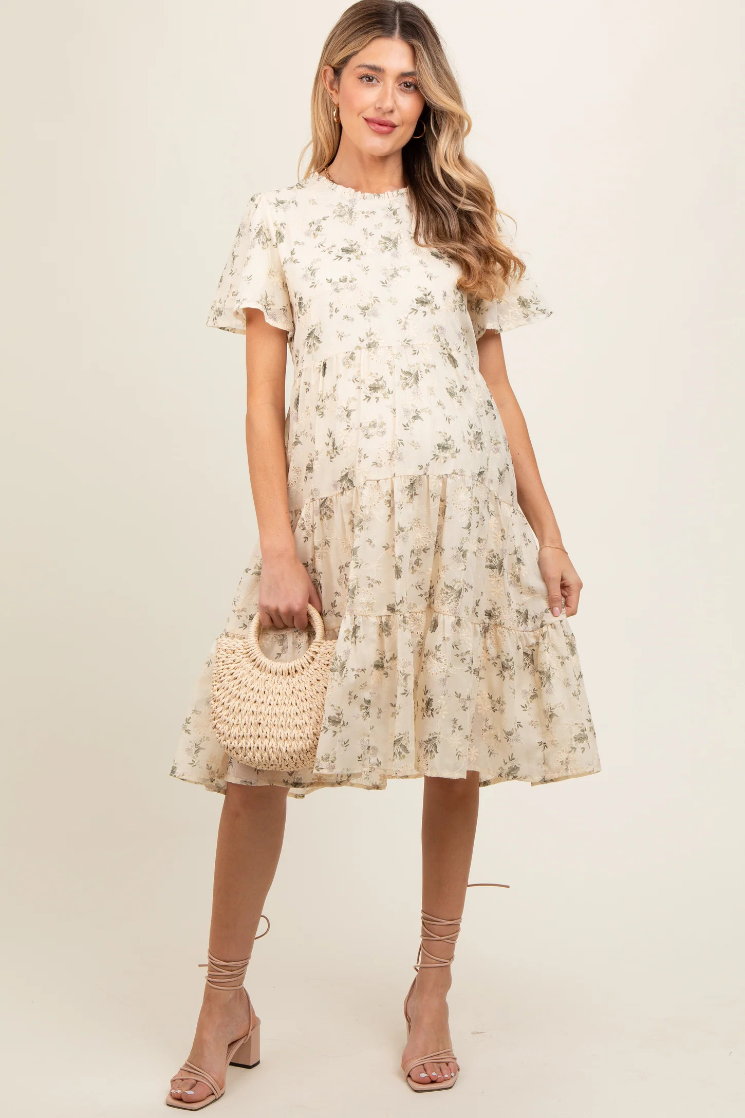 Cream Floral Print Eyelet Lace Maternity Dress | PinkBlush Maternity