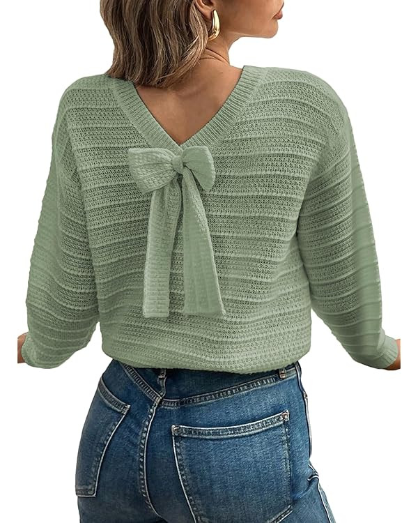 EVALESS Sweaters for Women Long Sleeve Fall Outfits 2025 Back Bow Knot Sweaters Round Neck Solid ... | Amazon (US)