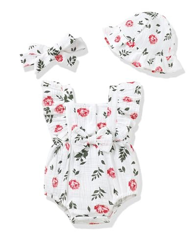 Renotemy Baby Girl Newborn Clothes Infant Summer Outfits Rose Floral Bubble Romper Cotton Linen Sleeveless Bodysuit Jumpsuit with Hat&Headband Baby Shower Gifts Coming Home Outfit for 3-6 Months Girls | Amazon (US)