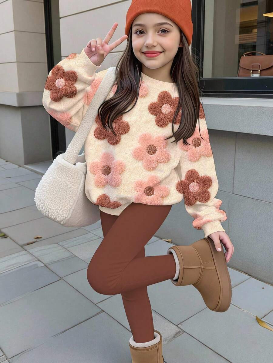 Young Girl Cute Textured Polka Dot & Floral Pattern, Maillard Color Palette, Crew Neck Sweatshirt & Elastic Waist Long Pants Set, Suitable For Autumn/Winter, Girls Outfit Sets, Chill, Kawaii, Cozy Fall & Winter Styles | SHEIN