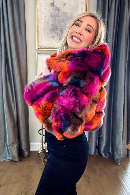 Loving this colorful faux fur jacket!
Wearing a medium

💋 is shade ‘girls trip'
