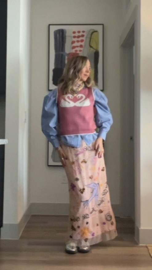 Work outfit inspo. Layered button-down, pink sweater vest, printed maxi skirt, and metallic shoes. Such a fun business casual look for the office! 

#LTKSaleAlert #LTKWorkwear #LTKCyberWeek